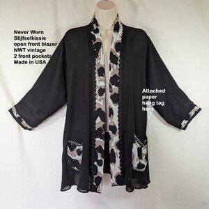 Never Worn Stijfselkissie open front blazer NWT vintage, 3/4 sleeve, Black sheer